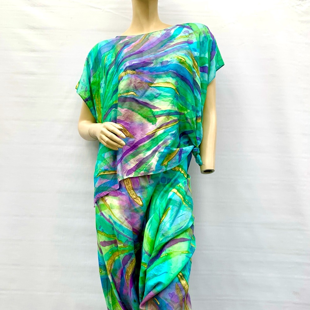 100% Silk Batik Boho Set Aladdin Pants & Top S-M-L